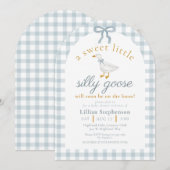 Silly Goose Blue Bow Duck Gingham Baby Shower Arch 招待状 (正面/裏面)
