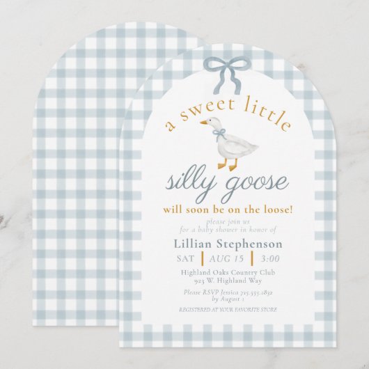 Silly Goose Blue Bow Duck Gingham Baby Shower Arch 招待状 (正面/裏面)