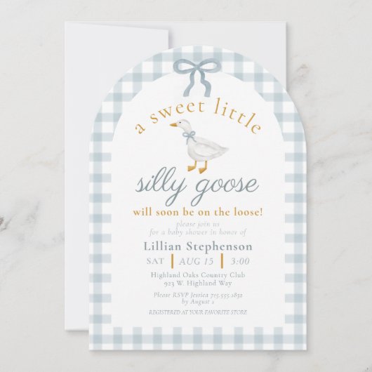 Silly Goose Blue Bow Duck Gingham Baby Shower Arch 招待状 (正面)