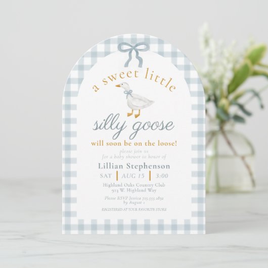 Silly Goose Blue Bow Duck Gingham Baby Shower Arch 招待状 (スタンド正面)