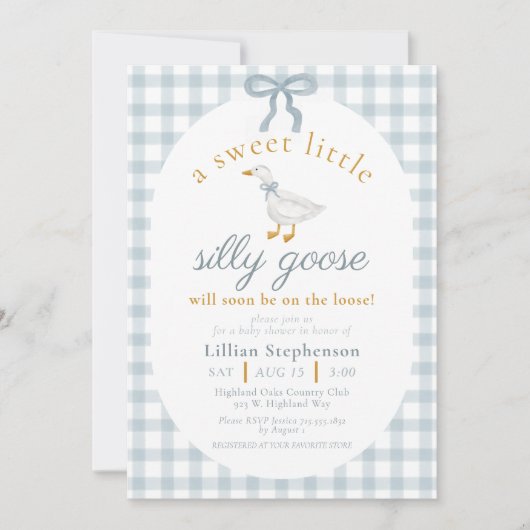 Silly Goose Blue Bow Gingham Baby Shower QR Code 招待状 (正面)