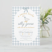 Silly Goose Blue Bow Gingham Baby Shower QR Code 招待状 (スタンド正面)