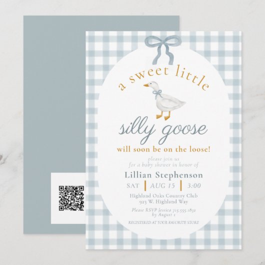 Silly Goose Blue Bow Gingham Baby Shower QR Code 招待状 (正面/裏面)
