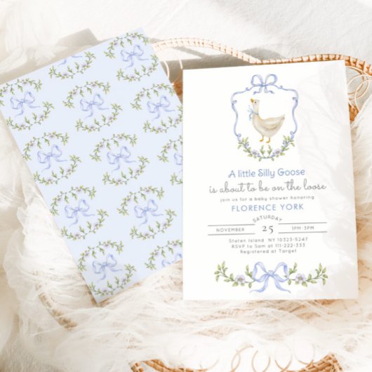  Silly Goose Blue Floral Crest Baby shower 招待状