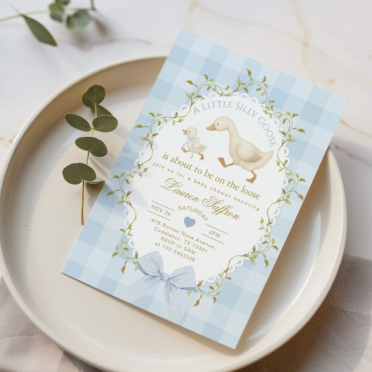 Silly Goose Blue Gingham Baby Boy Shower 招待状