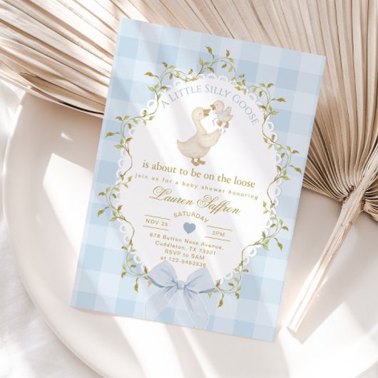 Silly Goose Blue Gingham Baby Boy Shower 招待状