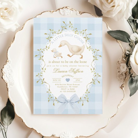 Silly Goose Blue Gingham Baby Boy Shower 招待状
