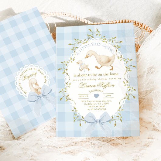 Silly Goose Blue Gingham Baby Boy Shower 招待状