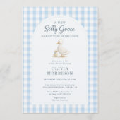 Silly Goose Blue Gingham Baby Shower 招待状 (正面)