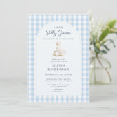 Silly Goose Blue Gingham Baby Shower 招待状 (スタンド正面)