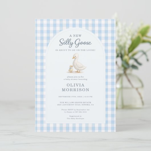 Silly Goose Blue Gingham Baby Shower 招待状 (スタンド正面)