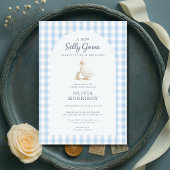 Silly Goose Blue Gingham Baby Shower 招待状