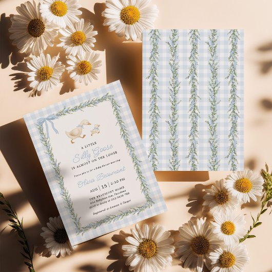 Silly Goose Blue Gingham Baby Shower Invitation 招待状