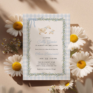 Silly Goose Blue Gingham Baby Shower Invitation 招待状