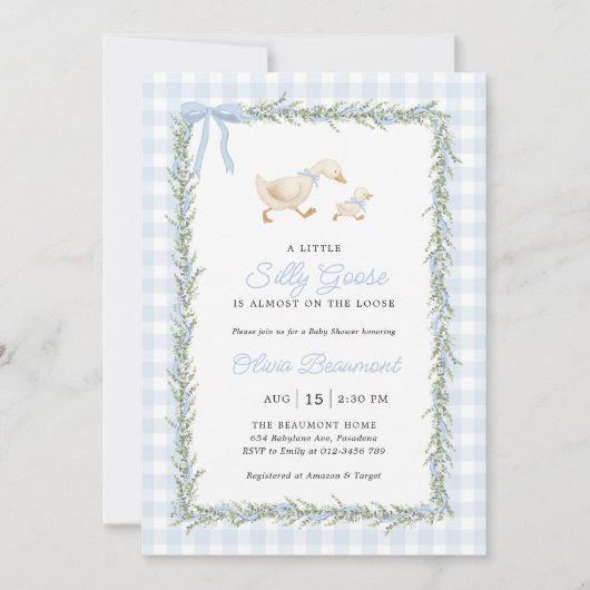 Silly Goose Blue Gingham Baby Shower Invitation 招待状 (正面)