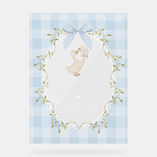 Silly Goose Blue Gingham Baby Shower Welcome アクリルサイン (正面)