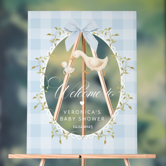 Silly Goose Blue Gingham Baby Shower Welcome アクリルサイン (ニュートラル)