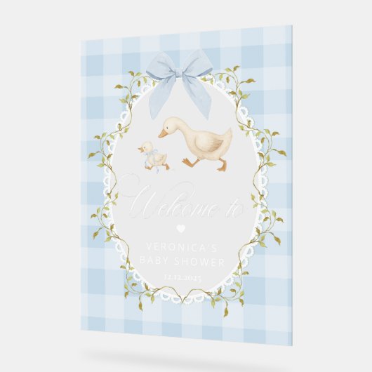 Silly Goose Blue Gingham Baby Shower Welcome アクリルサイン (傾斜)