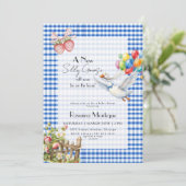 Silly Goose Blue Gingham Balloons Baby Shower 招待状 (スタンド正面)