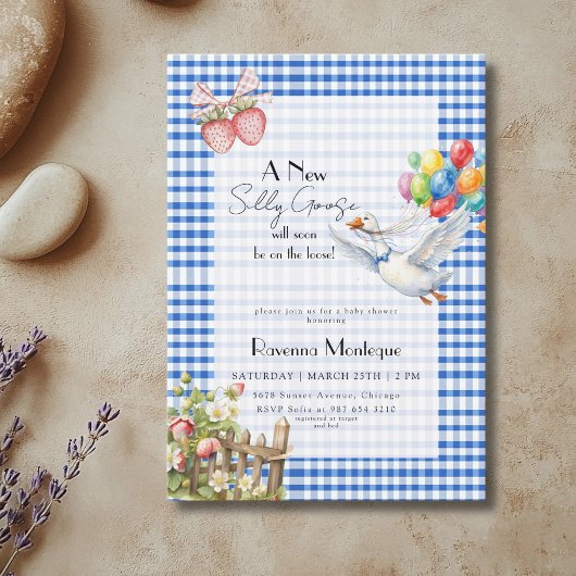 Silly Goose Blue Gingham Balloons Baby Shower 招待状