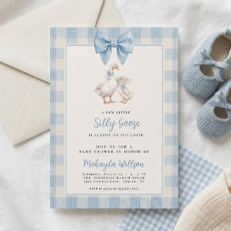 Silly Goose Blue Gingham Bow Baby Shower  招待状