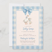 Silly Goose Blue Gingham Bow Baby Shower  招待状 (正面)