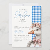 Silly Goose Blue Gingham Flower Bow Baby Shower 招待状 (正面)