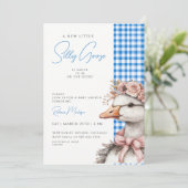 Silly Goose Blue Gingham Flower Bow Baby Shower 招待状 (スタンド正面)