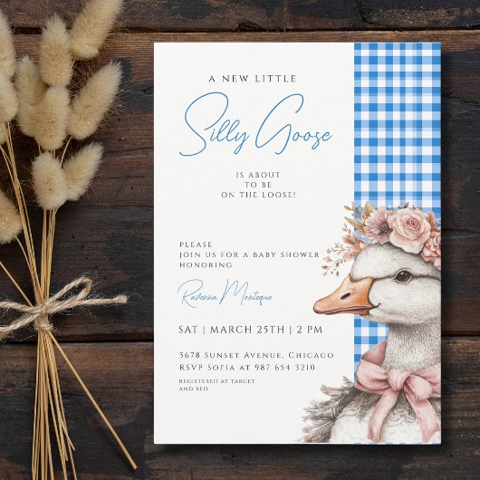 Silly Goose Blue Gingham Flower Bow Baby Shower 招待状