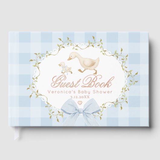 Silly Goose Blue Gingham Whimsical Baby Shower ゲストブック (正面)