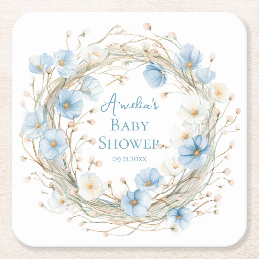 Silly Goose Blue Wildflower Baby Shower Paper Coas スクエアペーパーコースター (正面)