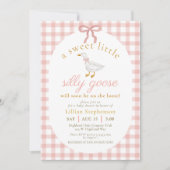 Silly Goose Blush Pink Bow Gingham Baby Shower  招待状 (正面)