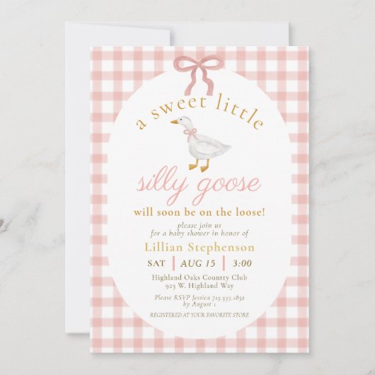 Silly Goose Blush Pink Bow Gingham Baby Shower  招待状 (正面)