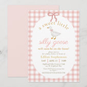 Silly Goose Blush Pink Bow Gingham Baby Shower  招待状 (正面/裏面)