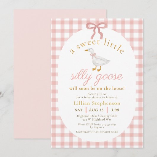 Silly Goose Blush Pink Bow Gingham Baby Shower  招待状 (正面/裏面)