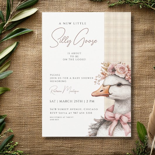 Silly Goose Brown Gingham Flower Bow Baby Shower 招待状