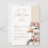 Silly Goose Brown Gingham Flower Bow Baby Shower 招待状 (正面)