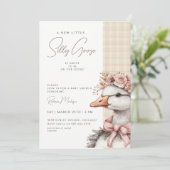 Silly Goose Brown Gingham Flower Bow Baby Shower 招待状 (スタンド正面)