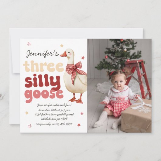Silly Goose Christmas Bow 3rd Birthday Photo 招待状 (正面)