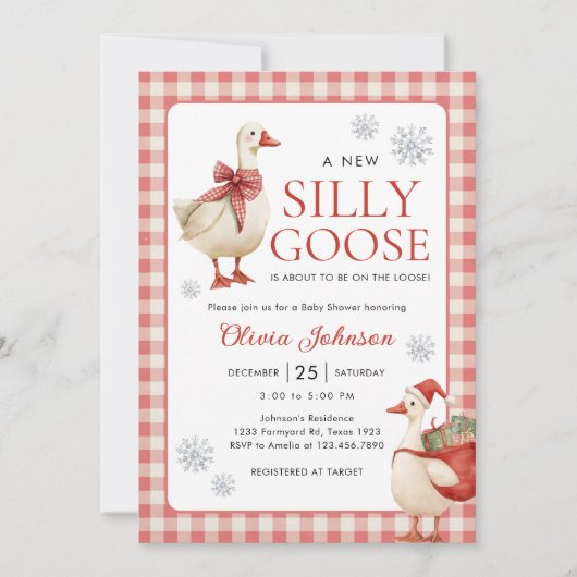 Silly Goose Christmas Gingham Baby Shower 招待状 (正面)