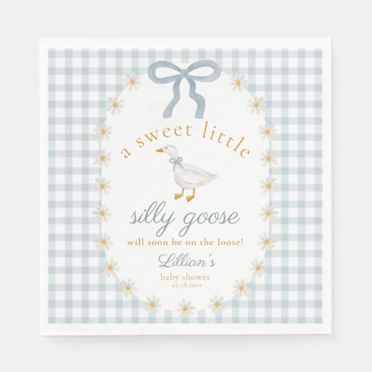 Silly Goose Daisy Blue Bow Gingham Baby Shower スタンダードランチョンナプキン (正面)