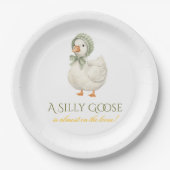 Silly Goose Daisy Sage Green Neutral Baby Shower ペーパープレート (正面)