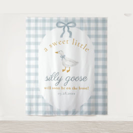 Silly Goose Duck Blue Gingham Baby Shower Backdrop タペストリー