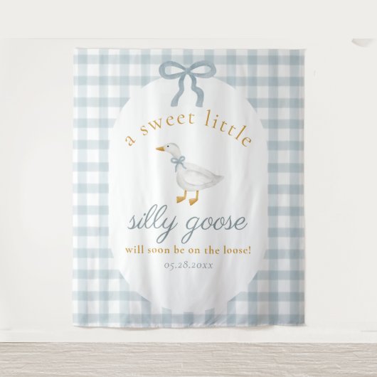Silly Goose Duck Blue Gingham Baby Shower Backdrop タペストリー (正面)