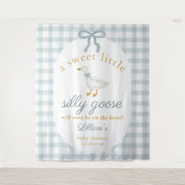 Silly Goose Duck Blue Gingham Baby Shower Backdrop タペストリー