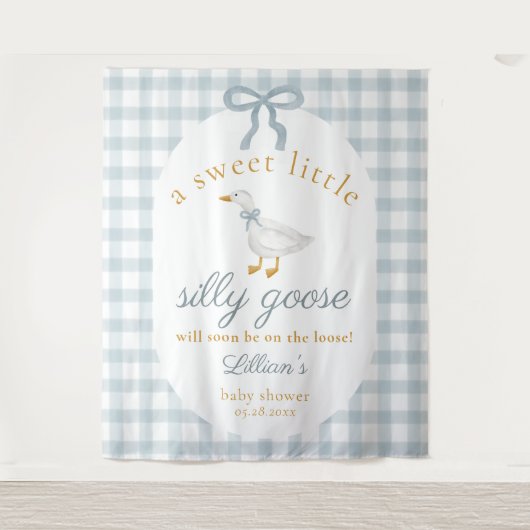Silly Goose Duck Blue Gingham Baby Shower Backdrop タペストリー (正面)