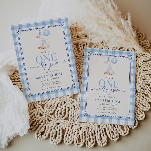 Silly Goose First Birthday Blue Gingham Boy  招待状