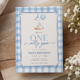 Silly Goose First Birthday Blue Gingham Boy  招待状