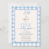 Silly Goose First Birthday Blue Gingham Boy 招待状 (正面)
