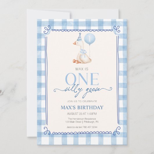Silly Goose First Birthday Blue Gingham Boy  招待状 (正面)